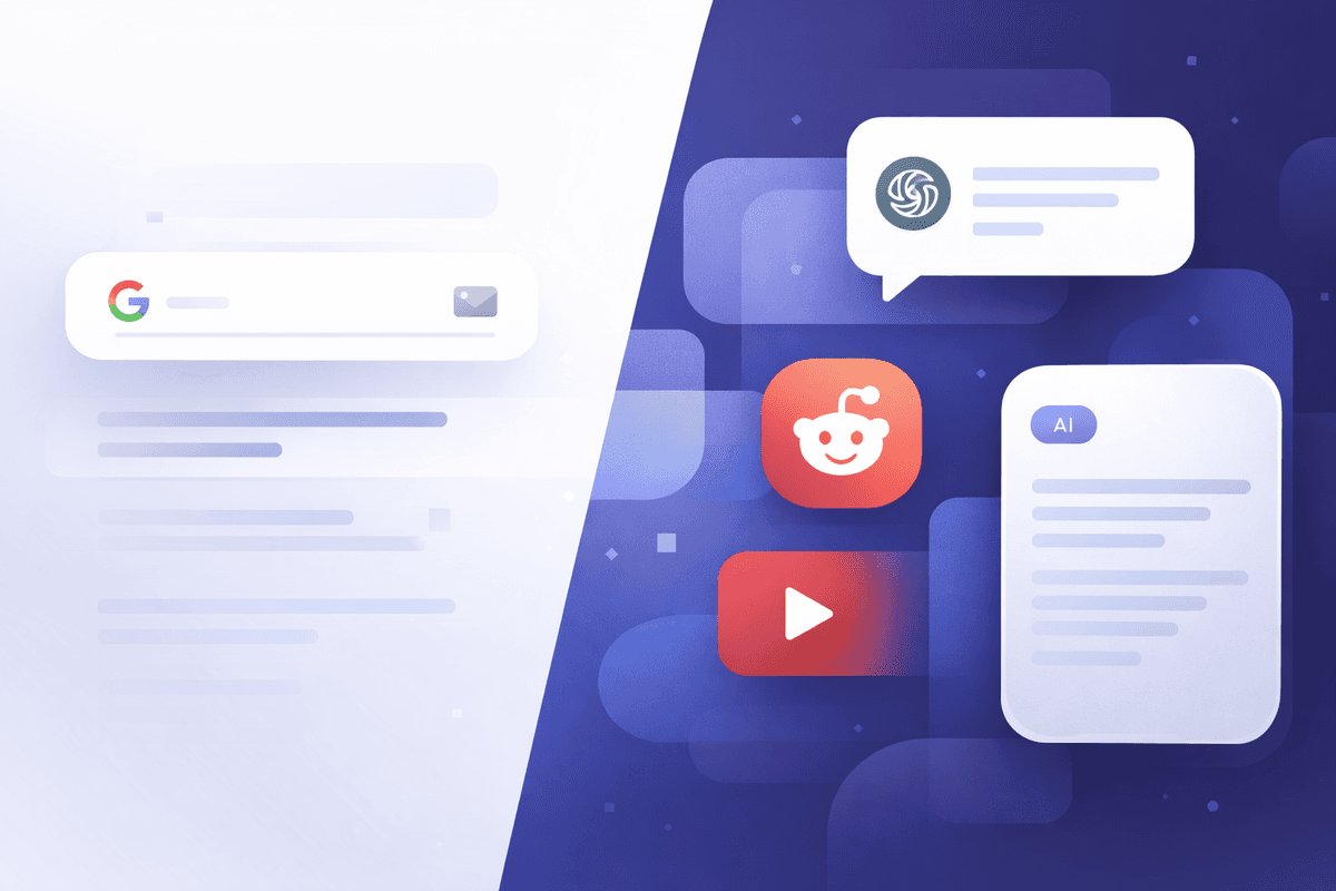 Search fragmentation visualization showing traditional SEO transitioning to AI-powered discovery channels like ChatGPT and answer engines for AEO optimization